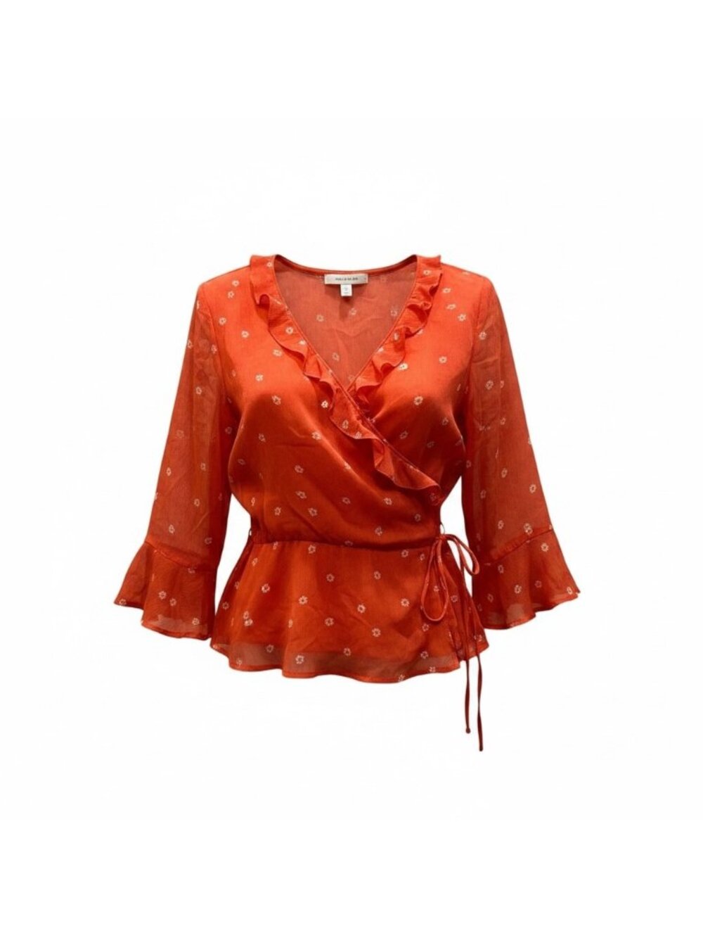 Abercrombie & Fitch Wrap Sheer Boho Blouse Ruffle Coral Pink Floral Size XL